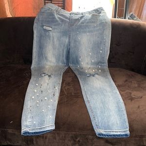 Hippie Laundry stretch and stoned wash jeans with silver and pearl adornments.